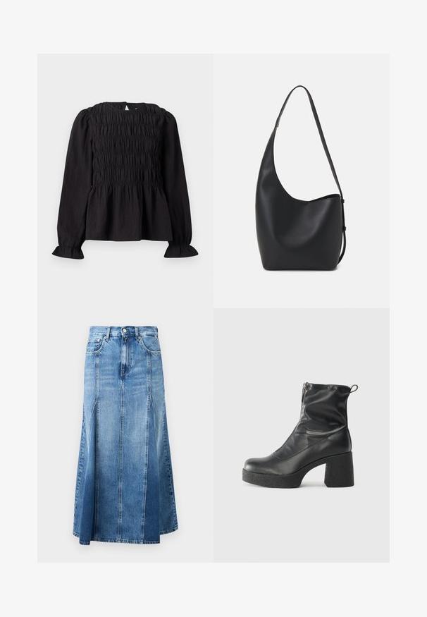 Bluză neagră cu mâneci lungi, textură pliată, decolteu rotund și manșete evazate. Prezintă o deschidere tip cheiță la spate și un design cu talie strânsă.; Fustă din denim cu un gradient de la albastru deschis la albastru închis, până la genunchi, cu croială dreaptă, fante frontale și închidere clasică cu nasturi și fermoar.; Bocanci negri de glezna din piele netedă, cu fermoar lateral, toc texturat și masiv, și design cu vârf rotund.; Geantă hobo din piele neagră, cu o textură netedă, formă curbată și un singur bretele ajustabil; are o deschidere largă în partea de sus.