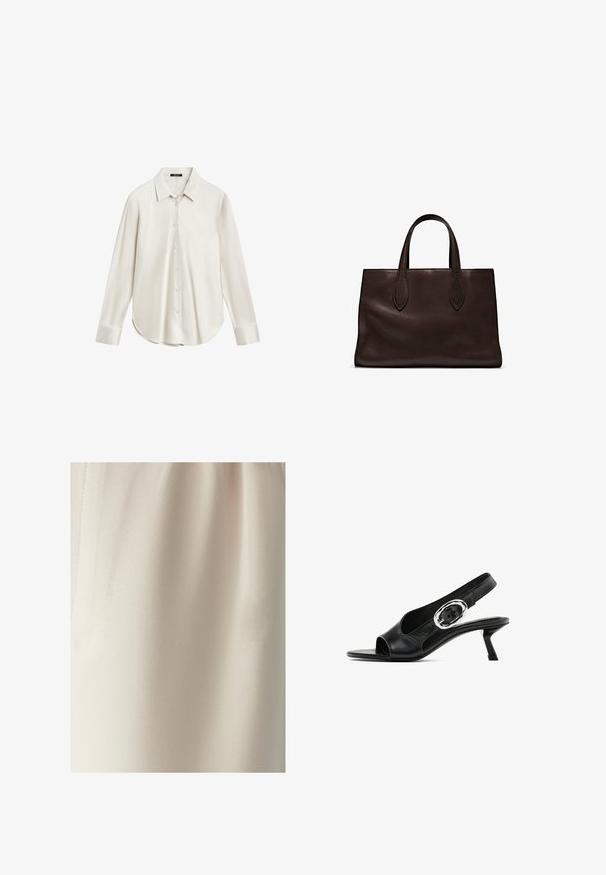 Weißes Langarmhemd aus glattem Stoff mit klassischem Kragen, Knopfverschluss vorne und abgerundetem Saum. Einfaches Design ohne Muster.; Beiger Stoff mit feiner Textur und subtiler Seidigkeit, der natürliche Falten und ein vertikales Nahtdetail auf der linken Seite zeigt.; Schwarzer Leder-Slingback-Schuh mit offener Spitze, der eine silberne ovale Schnalle am Riemen und einen schlanken Blockabsatz aufweist. Glatte Textur.; Braune Ledertasche mit zwei langen Griffen, strukturierte rechteckige Form, glatte Textur und dezente Nähdetails.