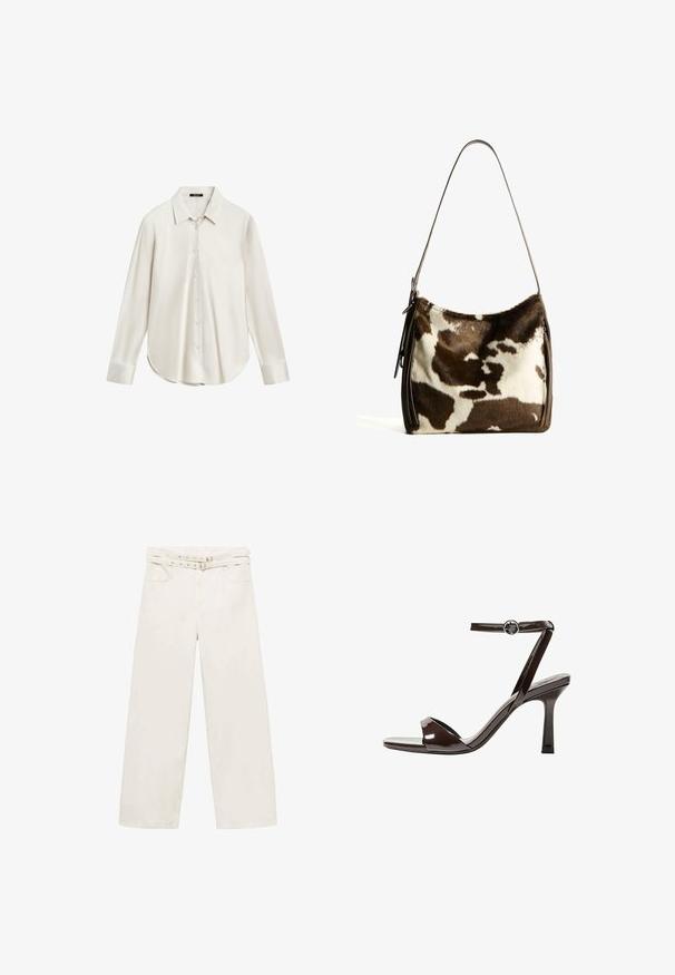 Bílá košile s dlouhým rukávem vyrobená z hladké látky, s klasickým límečkem, zapínáním na knoflíky a zakřiveným lemem. Jednoduchý design bez vzorů.; Široké krémové kalhoty vyrobené z bavlny. Mají pás s opaskem, zipový klouz a dvě přední kapsy. Hladký povrch, minimální švy.; Hnědé lakované kožené sandály na vysokém podpatku s páskem kolem kotníku, otevřenou špičkou a elegantním, minimalistickým designem. Obsahují čtvercový podpatek.; Hnědá a krémová kravská kůže ramenní taška s hladkým koženým popruhem, zipovým uzavřením a jemným, texturovaným povrchem s přírodním vzorem.
