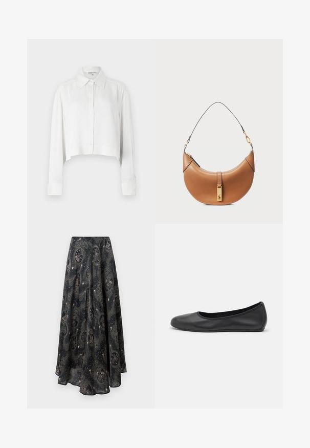 White cropped shirt with long sleeves, button-down front, and classic collar. Smooth fabric with structured cuffs and minimalist design.; Paul & Joe JUPE - Maxi skirt - marine; Black leather ballet flat with a rounded toe, smooth texture, minimal stitching detail, and a flexible sole design.; Tan leather handbag with a curved shape, gold hardware, and a thin shoulder strap. Features a zipper closure and logo detail on the front.