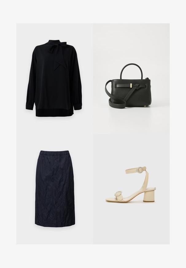 Melna blūze ar augstu apkakli un ar šnīkeru detaļu. Garas piedurknes ar aprocēm. Izgatavota no gludas auduma ar brīvu piegriezumu.; Tumši zila zīmuļsvārku svārki izgatavoti no krunkotas auduma, ar elastīgu jostasvietu, ceļgala garuma dizainu un gludu tekstūru.; Bežīgi augstpapēžu sandales ar minimālistisku dizainu, kas izceļas ar divām apļu akcentiem un masīlu papēdi. Izgatavotas no gludas ādas.; Melnas ādas rokas soma ar teksturētu virsmu, augšējām rokturiem un garu regulējamu siksniņu. Priekšpusē ir zeltaini akcenti.