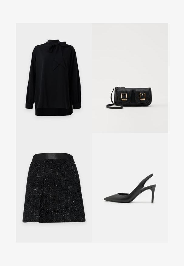 Μαύρη μπλούζα με ψηλό γιακά και λεπτομέρεια σε φιόγκο. Μακριά μανίκια με μανσέτες. Κατασκευασμένη από ομαλό ύφασμα με χαλαρή εφαρμογή.; Μαύρη φούστα από tweed με υφή, φαρδιά γραμμή και λεία μαύρη ζώνη στη μέση. Διαθέτει διακριτές μεταλλικές κλωστές σε όλη την επιφάνεια.; Μαύρες δερμάτινες ψηλές γόβες slingback με σχέδιο σε μυτερή μύτη, διαθέτοντας κοψίματα μπροστά και λεπτό στιλέτο τακούνι.; Μαύρη δερμάτινη τσάντα ώμου με δύο μπροστινές τσέπες, χρυσά κούμπωματα, κλείσιμο με φερμουάρ και λεπτό λουρί. Υφή επιφάνειας και κομψό ορθογώνιο σχήμα.