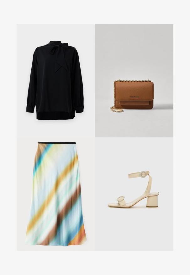 Bluză neagră cu guler înalt și detaliu de fundiță. Mâneci lungi cu vârfuri manșetă. Fabricată dintr-un material neted cu o croială lejeră.; Fustă midi dintr-un material ușor și fluid. Prezintă un model gradient cu dungi diagonale în nuanțe de albastru, brun și crem. Brâu negru.; Sandi cu toc înalt bej, cu un design minimalist, având două accente circulare și un toc gros. Realizate din piele netedă.; Geantă crossbody din piele texturată maro, cu curea din lanț aurit și închidere cu clapetă. Partea din față prezintă detalii cu logo și o buzunar sub clapetă.