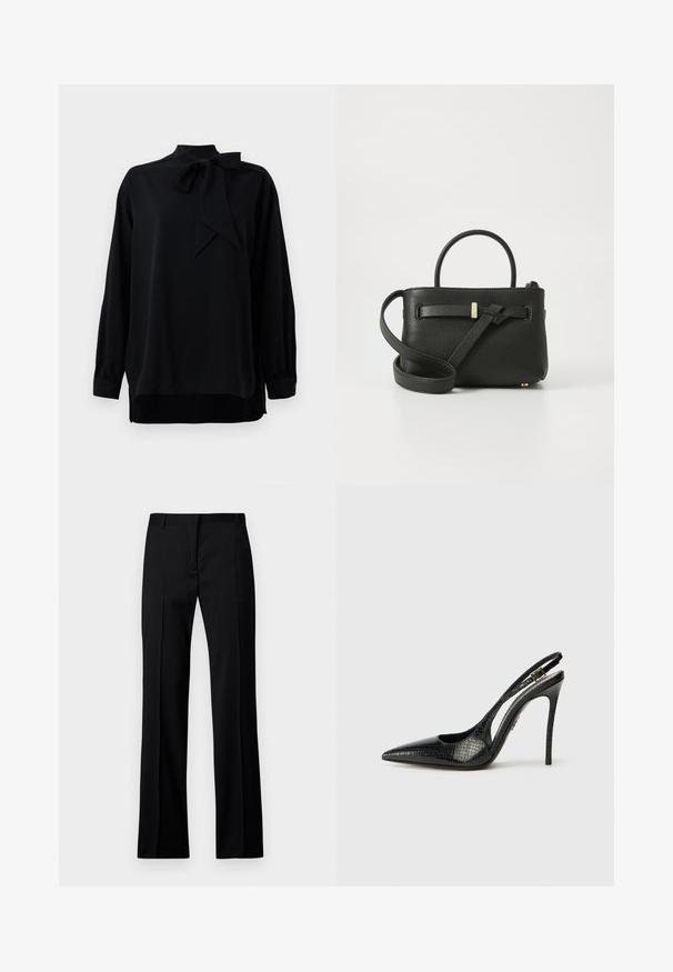 Blusa nera con colletto alto e dettaglio in cravatta. Maniche lunghe con polsini. Realizzata in tessuto morbido con vestibilità comoda.; Pantaloni neri a gamba dritta in tessuto liscio, con vita piatta, passanti per la cintura e senza tasche visibili o decorazioni.; Décolleté nera con punta affilata, motivo in rilievo a serpente, tacco a stiletto e una fibbia decorativa sulla cinghia.; Borsa a mano in pelle nera con una finitura testurizzata, manici superiori e una lunga tracolla regolabile. Presenta un accentuazione in metallo dorato sulla parte anteriore.