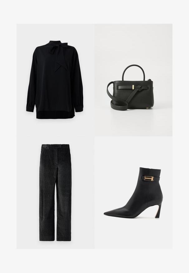 Černá blůza s vysokým límcem a detailem na mašličku. Dlouhé rukávy s manžetami. Vyrobena z hladkého materiálu s volným střihem.; Černé široké kalhoty s texturou a výraznou tkaninou, s předními záhyby a plochým pasem. Klasický design pro všestrannost.; Victoria Beckham HALF BOOT - Kotníkové boty - black; Černá kožená kabelka s texturovaným povrchem, s horními uchy a dlouhým nastavitelným popruhem. Na přední straně je zdobena zlatými kovovými akcenty.