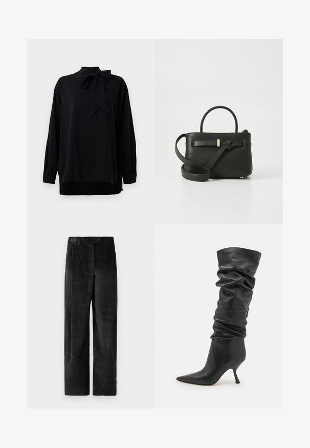 Černá blůza s vysokým límcem a detailem na mašličku. Dlouhé rukávy s manžetami. Vyrobena z hladkého materiálu s volným střihem.; Černé široké kalhoty s texturou a výraznou tkaninou, s předními záhyby a plochým pasem. Klasický design pro všestrannost.; Černá kožená kotníková bota se svraštělým designem, špičatou špičkou a štíhlým podpatkem. Hladký povrch s jemnými záhyby a vráskami.; Černá kožená kabelka s texturovaným povrchem, s horními uchy a dlouhým nastavitelným popruhem. Na přední straně je zdobena zlatými kovovými akcenty.