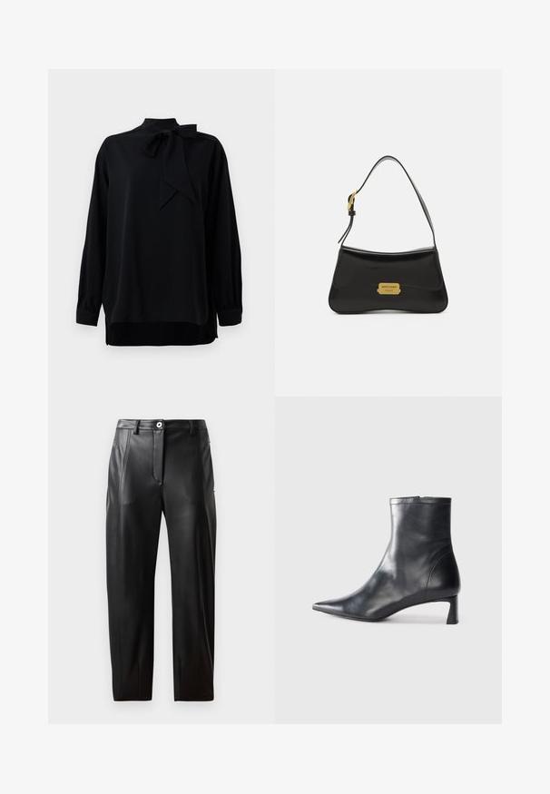 Čierna blúzka s vysokým golierom a detailom s mašľou. Dlhé rukávy s manžetami. Vyrobená z hladkej tkaniny s voľným strihom.; Čierne kožené nohavice s hladkou štruktúrou, so prednými vreckami, zipsom a priliehavým strihom. Diskrétny šev na stranách.; Čierne kožené členkové topánky s špicatou špičkou a elegantným dizajnom. Majú nízky podpätok a zips na zadnej strane. Hladká textúra.; Čierna kožená kabelka s krivkovým dizajnom, akcentom vo forme zlatej loga a tenkým ramenným popruhom. Hladká textúra s elegantným povrchom.