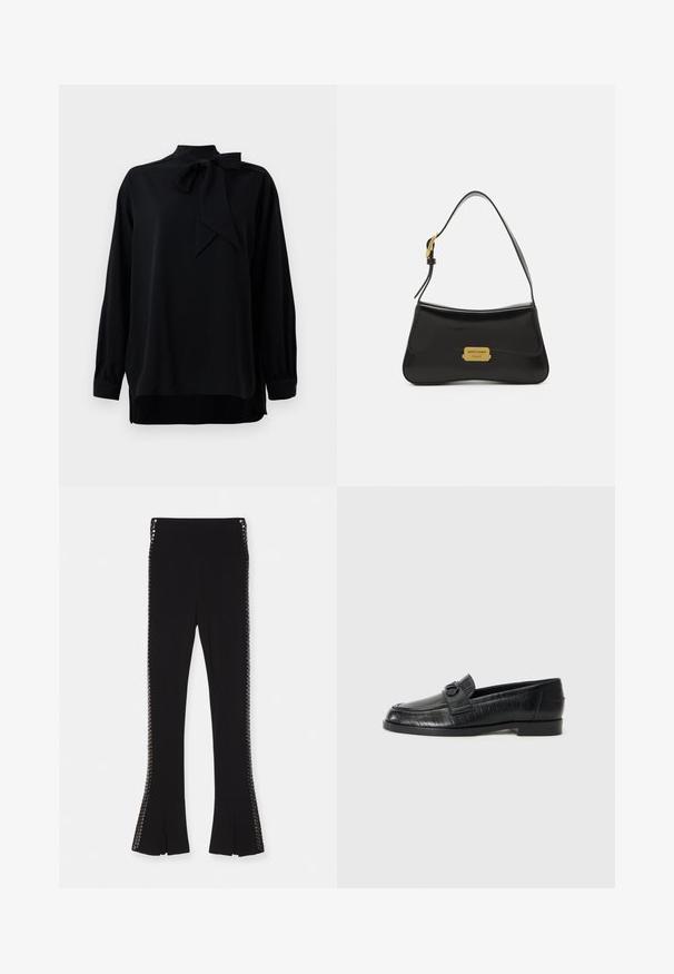 Czarna bluzka z wysokim kołnierzem i detalem w postaci kokardy. Długie rękawy z manszetami. Wykonana z gładkiego materiału o luźnym kroju.; Czarne materiałowe spodnie w stylu dzwonów o gładkiej fakturze, z ozdobnymi elementami po obu stronach i rozcięciami u dołu.; Czarne skórzane loafersy z gładką cholewką, wytłaczanym wzorem liniowym oraz dekoracyjnym zapięciem w przedniej części. Niski, blokowy obcas.; Czarna skórzana torebka o zakrzywionym kształcie, z akcentem w postaci złotej płytki z logo oraz cienkim paskiem na ramię. Gładka faktura z eleganckim wykończeniem.