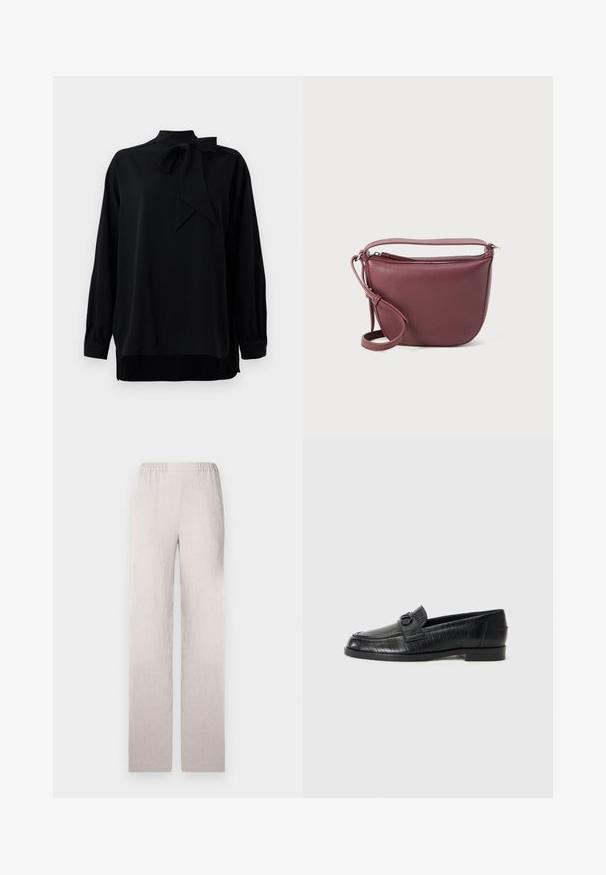 Čierna blúzka s vysokým golierom a detailom s mašľou. Dlhé rukávy s manžetami. Vyrobená z hladkej tkaniny s voľným strihom.; Svetložlté, široké nohavice vyrobené z textúrovanej tkaniny, s elastickým pásom a hladkým povrchom. Strihaný, rovný strih.; Čierne kožené mokasíny so hladkým povrchom, s embosovaným lineárnym vzorom a dekoratívnou prackou na priehlavku. Nízky blokový podpätok.; Burgundská kožená kabelka cez telo s textúrovaným povrchom, zipsom, nastaviteľným popruhom a zaobleným tvarom, s približnými strednými rozmermi.