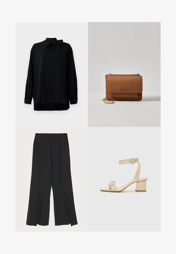 Melna blūze ar augstu apkakli un ar šnīkeru detaļu. Garas piedurknes ar aprocēm. Izgatavota no gludas auduma ar brīvu piegriezumu.; Melni bikses ar platām kājām, ar ruffles akcentiem sānos un plakanu jostasvietu. Gluda auduma tekstūra, pielāgota griezuma izpildījums.; Bežīgi augstpapēžu sandales ar minimālistisku dizainu, kas izceļas ar divām apļu akcentiem un masīlu papēdi. Izgatavotas no gludas ādas.; Brūna teksturēta ādas plecu soma ar zelta ķēdes siksnu un atloka aizdari. Priekšpusē ir logotipa detaļa un kabata zem atloka.