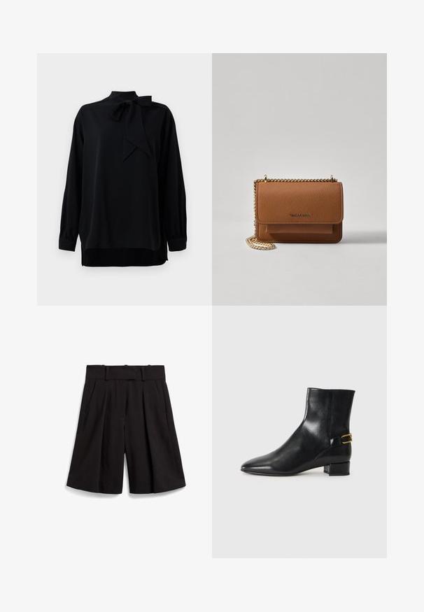 Čierna blúzka s vysokým golierom a detailom s mašľou. Dlhé rukávy s manžetami. Vyrobená z hladkej tkaniny s voľným strihom.; Čierne šité šortky s širokými nohavicami, sklady vpredu a plochým pásom s pútkami na opasok. Hladká textúra látky.; Čierne kožené členkové topánky s špicatou špičkou, blokovým podpätkom a dekoračnou zlatou prackou na zadnej strane. Hladká textúra, minimalistický dizajn.; Hnedá textúrovaná kožená taška cez telo s zlatým reťazovým popruhom a preklopným uzáverom. Predná strana obsahuje detail s logom a vrecko pod preklopkou.