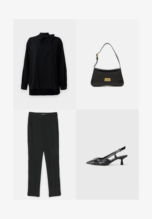 Melna blūze ar augstu apkakli un ar šnīkeru detaļu. Garas piedurknes ar aprocēm. Izgatavota no gludas auduma ar brīvu piegriezumu.; Melnas bikses ar taisnas griezuma dizainu, ar krokām, sānu kabatām un gludu tekstūru. Izgatavotas no viegla auduma.; Melnas ādas šlipsveida kurpes ar norādītu purngalu, dekoratīvām joslām ar metāla acīm un zemu bloku papēdi. Teksturēta virsma.; Melnas ādas rokassoma ar izliekta dizaina, zelta logo plāksnes akcentu un šauru plecu siksnu. Gluda tekstūra ar elegantu apdari.
