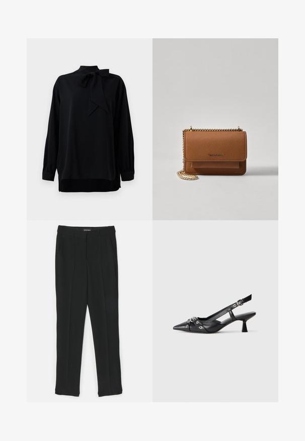 Juodas bluzonas su aukštu apykakle ir raišteliu. Ilgos rankovės su užsegamais galais. Pagamintas iš lygios medžiagos, turintis laisvą siluetą.; Juodi kelniai su tiesiogine kirpimo forma, turintys klosčių, šoninių kišenių ir lygaus audinio dizainą. Pagaminti iš lengvo audinio.; Juodas odinis slingback tipo batai su smailiu priekiniu atvartu, dekoratyvinėmis sagtimis su metaliniais akyčiais ir žemu blokiniu kulnu. Saldus paviršius.; Ruda tekstūruota odinė per petį nešama rankinė su auksiniu grandininiu dirželiu ir užlenkiamo užsegimo. Priekinėje pusėje yra logotipo detalė ir kišenė po užlenkimu.