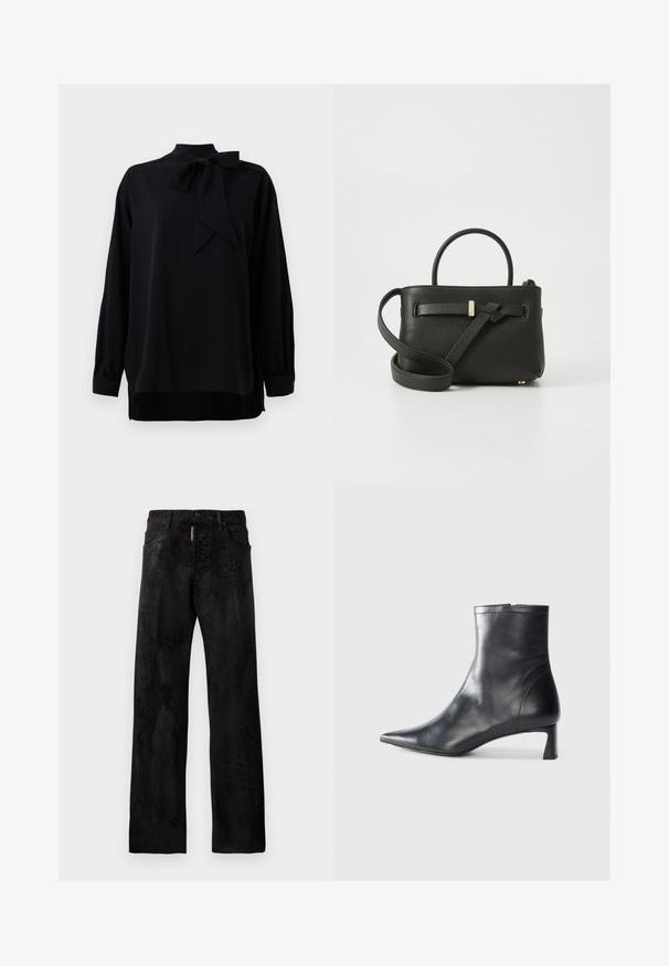 Blusa negra con collar alto y detalle de lazo. Mangas largas con puños. Fabricada con tejido suave y ajuste relajado.; Jeans de mezclilla negros con corte recto, que presentan un sutil patrón de estampado animal, cinco bolsillos y cierre de botón.; Botín de cuero negro hasta el tobillo con punta afilada y un diseño elegante. Presenta un tacón bajo y un cierre con cremallera en la parte trasera. Textura suave.; Bolso de mano de cuero negro con un acabado texturizado, asas superiores y una correa larga ajustable. Presenta un acento de hardware en tono dorado en la parte frontal.