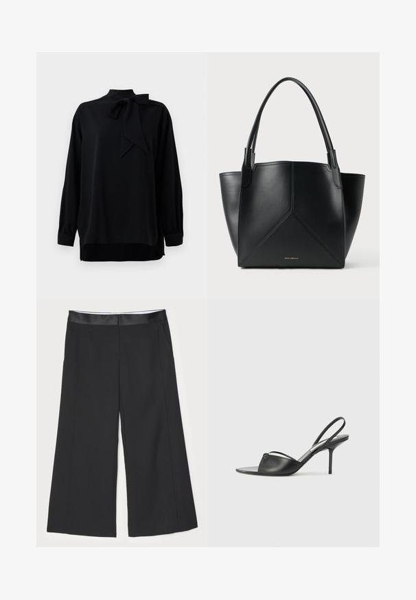 Blouse noire avec un col haut et un détail de nœud papillon. Manches longues avec des poignets. Fabriquée en tissu lisse avec une coupe décontractée.; Pantalons larges noirs avec une ceinture en satin lisse, deux poches latérales et un design épuré et ajusté. Devant plat sans motifs visibles.; Escarpins en cuir noir à talon décolleté, avec un bout pointu, une fine bride de cheville et un talon aiguille. Présente un détail noué sur le devant.; Sac fourre-tout en cuir noir avec un design géométrique, doté de deux poignées et d'un logo doré à l'avant. Texture lisse et forme structurée.