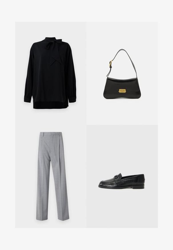 Fekete blúz magas gallérral és masnis részlettel. Hosszú ujjak, mandzsettás véggel. Sima anyagból készült, laza szabással.; Szürke, könnyű nadrág, elegáns fazonban, sima textúrával, diszkrét mintával és két elülső redővel a különleges részletekért.; Fekete bőr loafer cipők sima felsőrésszel, dombornyomott vonalmintával és dekoratív csat részlettel a cipő orrán. Alacsony, tömb alakú sarok.; Fekete bőr kézi táska ívelt kialakítással, arany logó táblával és vékony vállpánttal. Simább textúra igényes felülettel.