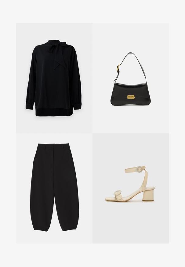Zwarte blouse met hoge kraag en details van een strik. Lange mouwen met manchetten. Gemaakt van gladde stof met een relaxte pasvorm.; Zwarte wijde broek van gladde stof met een getailleerd ontwerp, voorzien van achterzakken en een platte tailleband met riemlussen.; Beige hoge hakken sandalen met een minimalistisch ontwerp, voorzien van twee ronde accenten en een chunky hak. Gemaakt van soepel leer.; Zwarte leren handtas met een gebogen ontwerp, gouden logo plaat accent en een smalle schouderband. Glad textuur met een stijlvolle afwerking.