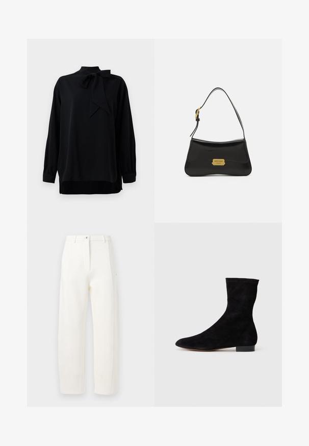 Blouse noire avec un col haut et un détail de nœud papillon. Manches longues avec des poignets. Fabriquée en tissu lisse avec une coupe décontractée.; Pantalons blancs ajustés avec une coupe droite, plis avant, fermeture éclair et bouton, et poches latérales. Tissu lisse avec une finition mate.; Bottine en suede noir avec une tige ajustée, un bout pointu et un petit talon bloc. Texture lisse et design minimaliste, adaptée à un styling polyvalent.; Sac à main en cuir noir avec un design courbé, accent de plaque logo dorée et une fine bandoulière. Texture lisse avec une finition élégante.