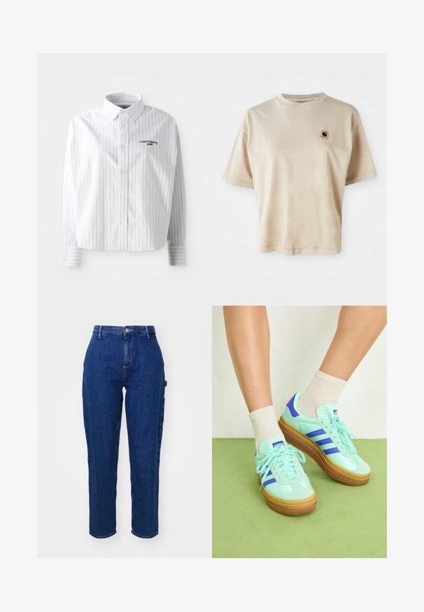 Camisa blanca de manga larga con rayas verticales grises, cuello tipo botón y logo en el pecho izquierdo. Tela suave con un corte relajado.; Camiseta de algodón beige con un corte relajado, cuello redondo, mangas cortas y un pequeño parche cuadrado de logo en el área del pecho izquierdo.; Vaqueros de mezclilla azul oscuro con cintura alta, corte recto, cierre frontal de botones y bolsillos laterales. Textura suave con un ligero estiramiento.; Zapatillas verde menta con acentos azules, con un talón texturizado, tres rayas azules y una suela de goma. Llevadas con calcetines de color beige claro.