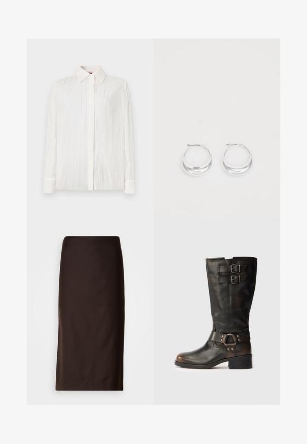 Camisa blanca plisada con cuello clásico, mangas largas y cierre de botones, con una textura suave y un sutil brillo.; Falda lápiz marrón, hasta la rodilla, hecha de un tejido liso. Presenta un diseño simple sin patrones ni adornos visibles.; Bota de cuero negro hasta media pantorrilla con dos hebillas cerca de la parte superior y una correa con detalle de anillo de metal alrededor del tobillo sobre un fondo blanco.; Pendientes de aro de plata con un acabado pulido y la marca DKNY, exhibidos sobre un fondo blanco liso.