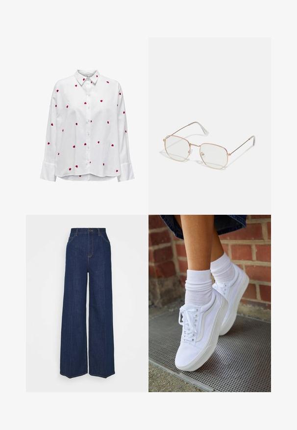 Fehér, hosszú ujjú ing klasszikus gallérral, melyen vörös szív hímzések találhatóak, szétszórva az anyagon. Gombos elülső rész és megkötött ujjak.; Magas derekú, széles szárú sötétkék farmernadrág elöl és hátul zsebekkel, gombos záródással és látható varrási részletekkel.; Fehér vászon tornacipők gumitalppal, hat fűzőlyukkal, kerek orral és világos cérna részletekkel, fehér bokazoknival párosítva.; Téglalap alakú szemüveg, vékony, rózsaarany fémkerettel. Átlátszó lencsék, átlátszó szárvégek, és finom részletek a lencsék körül.