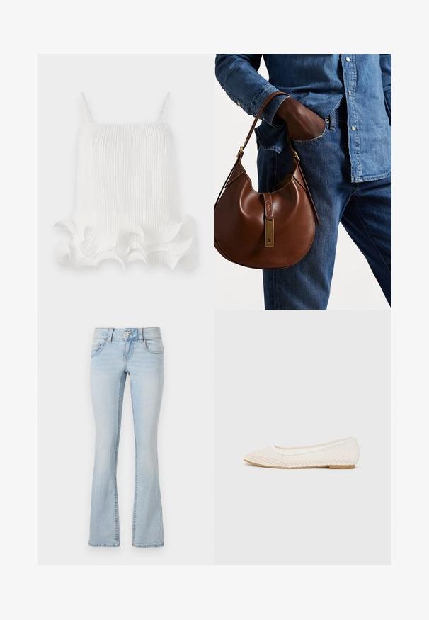 Top blanco con pliegues y tirantes ajustables, que presenta un dobladillo ondulado y arrugado y una textura suave. Tejido ligero con líneas verticales.; Jeans acampanados de color azul claro en material de denim con un acabado desteñido, cinco bolsillos y detalles de costura a lo largo de las costuras y la cinturilla.; Zapato plano blanco con un diseño de malla, puntera afilada y suela baja y plana. Parte superior texturizada con un forro suave y un sutil ribete de contraste.; Bolso hobo de cuero marrón con forma redondeada, que cuenta con un acento de hardware dorado y costuras en contraste. Combinado con una camisa de mezclilla y vaqueros.