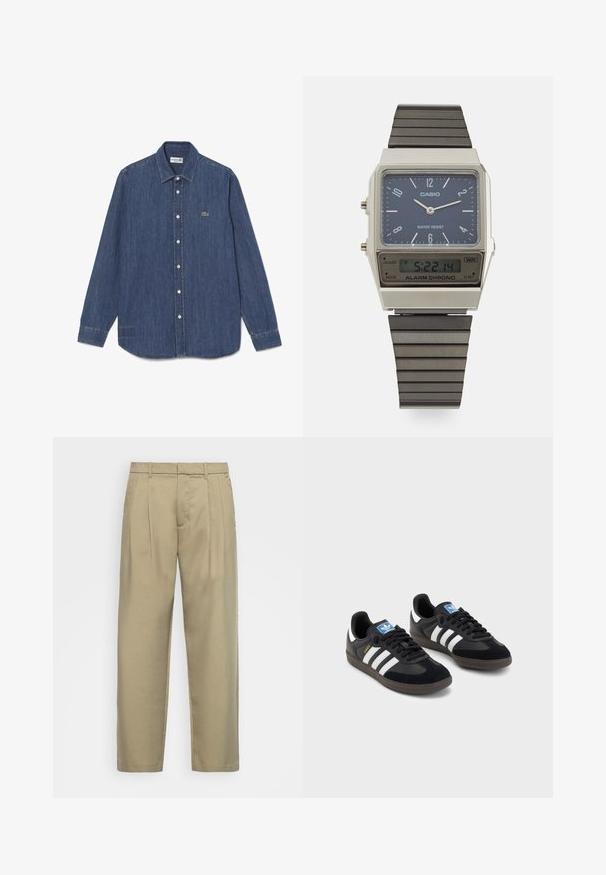 Koszula dżinsowa, ciemnoniebieska, z długimi rękawami, z ukośnym kołnierzykiem, z guzikiem z przodu, z małym zielonym logo krokodyla. Dolna krawędź jest lekko zaokrąglona.; Beżowe, wysokie spodnie o prostym kroju, z płaskim przodem, bocznymi kieszeniami i gładkim, teksturowanym materiałem.; Czarne sneakersy z zamszową i syntetyczną cholewką, wyposażone w trzy białe paski, teksturowaną gumową podeszwę oraz niebieską metkę z logo na języku.; Zegarek cyfrowy Casio z niebieską tarczą, srebrną kopertą i dwupowłokowym czarnym paskiem gumowym. Wyświetla godzinę oraz ustawienia alarmu. Wodoszczelny.