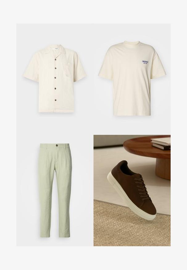 Rövid ujjú ing krém színben, könnyű anyagból készült, nyakkivágással, elülső zsebbel és sötétbarna gombokkal.; Rövid ujjú, krém színű póló, pamutból készült. A bal mellkason egy kis kék "ORIGINALS" logó található. Klasszikus szabású és környakú kialakítás.; Világoszöld vászon nadrág, egyenes sziluettel, elől gombos záródással, két elülső zsebbel és sima textúrával.; Barna velúrbőr sneaker, lapos fűzőkkel és fehér gumitalppal, lekerekített orral és minimalista dizájnnal, textúrált felület előtt elhelyezve.