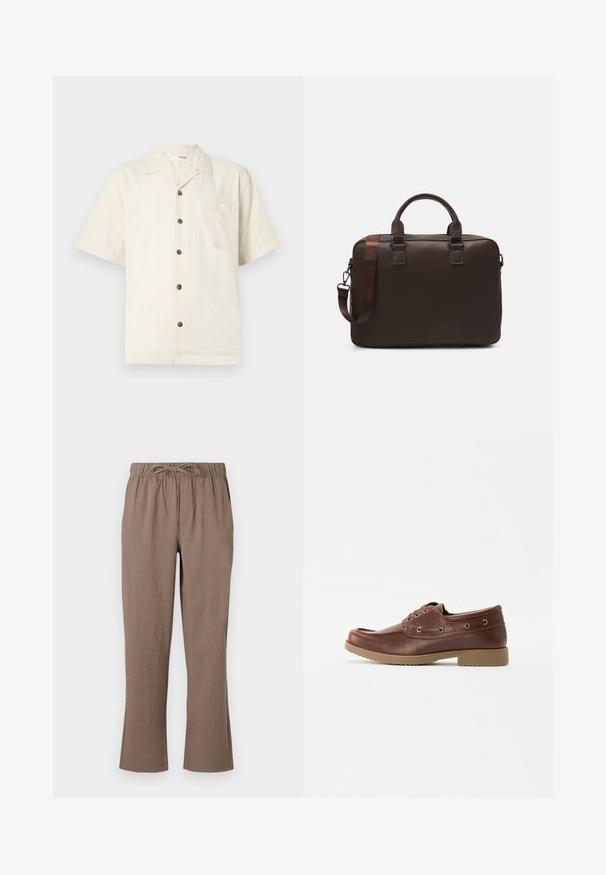 Short-sleeve shirt in off-white, made of lightweight fabric, featuring a notched collar, front pocket, and dark brown buttons.; Brown cotton pants with a drawstring waist, wide leg design, and slight flair at the ankles; smooth texture and no prominent patterns.; Brown leather boat shoe with a rounded toe, textured sole, gold eyelets, and stitching detail along the upper for a classic design.; Brown leather laptop bag with a textured surface, dual top handles, adjustable strap, and two front buckles for added detail.