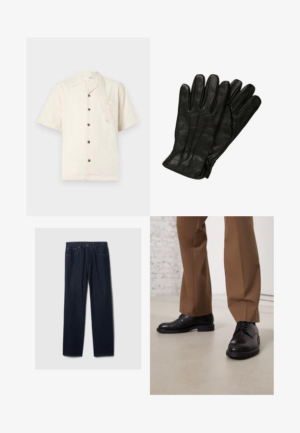 Lühikeste varrukatega särk kreemikasvalge, kergest kangast, millel on kaheharuline krae, eesmine tasku ja tumepruunid nööbid.; Tumedast sinised sirged teksad viie tasku kujundusega, nööbiga sulgemine ja nähtav õmblus heledal taustal.; Mustad musta nahast kingad sileda pinnaga ja ümmarguse varbaga, mis on varustatud kinnituspaeltega ja madala, tasase tallaga. Kombineeritud pruunide pükstega.; Mustad mustraga kinnaste komplekt, millel on sile tekstuur, viis sõrme ja peened õmblused. Klassikaline disain, sobib külmade ilmade kasutamiseks.