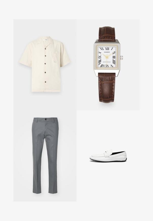 Košulja kratkih rukava u boji slonovače, izrađena od lagane tkanine, s izrezanim ovratnikom, prednjim džepom i tamnosmešnim dugmadi.; Sive hlače od glatkog materijala, sa ravnim krojem, jednim prednjim gumbom i diskretnim bočnim džepovima za funkcionalnost.; Bijele kožne mokasine s glatkom završnom obradom, s prošivenim detaljem, okruglim vrhom i crnom gumenom potplatom za bolju prionbu.; Casio pravokutni sat s bijelim licem, zlatnim akcentima, rimskim brojevima i smešnom kožnom narukvicom s uzorkom krokodila. Vodootporni dizajn.
