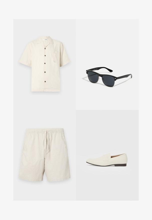 Īsām piedurknēm krekls smalkā baltā krāsā, izgatavots no viegla auduma, ar izgrieztu apkakli, priekšējo kabatu un tumši brūniem pogām.; Bežīgas kokvilnas šorti ar elastīgu jostu, regulējamu auklu un sānu kabatām. Raksturo gluda, viegla tekstūra.; Gai bēša kurpes ar smailu pirkstu, gludu materiālu, siksnu pāri pēdas daļai un zemu brūnu zoli. Vienkāršs dizains ar minimāliem akcentiem.; Melnas saulesbrilles ar taisnstūra formu, tumšiem stenģiem, sudraba akcentiem pie tempļiem un matētu apdari uz rāmja.