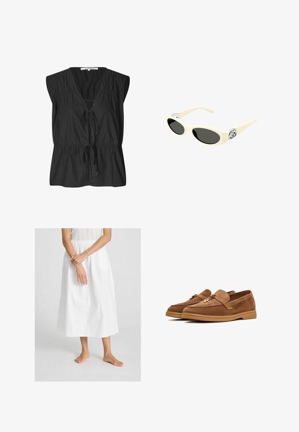 Second Female FELIXA - Bluse - black; Hvid, ankel-lang nederdel lavet af bomuld med elastisk talje. Glat tekstur, der har et simpelt, flydende design.; Brune ruskind loafers med flad sål, prydet med en dekorativ sløjfe og diskrete stikninger. Rund tå-design.; Kridhvid solbriller med ovale linser, sort toning og metallisk logoaccent ved templerne. Glat tekstur, katteøje design.