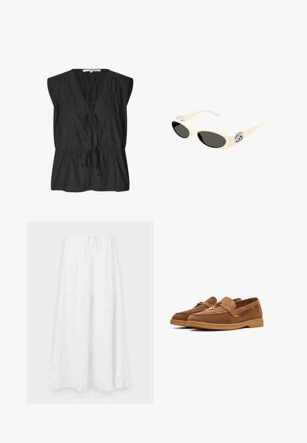 Second Female FELIXA - Blusa - black; Falda maxi blanca de capas con cintura elástica y cordón, que presenta una tela texturizada y un borde de encaje en el dobladillo.; Mocasines de ante marrón con suela plana, que presentan un lazo decorativo y sutiles acentos de costura. Diseño de puntera redondeada.; Gafas de sol color crema con lentes ovalados, tinte negro y acentos metálicos con logotipo en las patillas. Textura suave, diseño de ojo de gato.