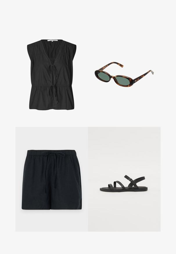 Second Female FELIXA - Blouse - black; Zwarte linnen shorts met een elastische tailleband en een drawstring, bieden een ontspannen pasvorm en een gladde textuur.; Zwarte leren sandalen met drie brede banden over de voet en een verstelbare enkelband. Platte zool met minimale profiel. Eenvoudig ontwerp.; schildpadbril met ovale monturen en groene lenzen. Heeft dunne spijlen met een metalen accent nabij de scharnieren.; Geweven beige tas met een netachtige ontwerp, voorzien van twee gevlochten handvatten en een trekkoordsluiting,accent met donkere kralen details.