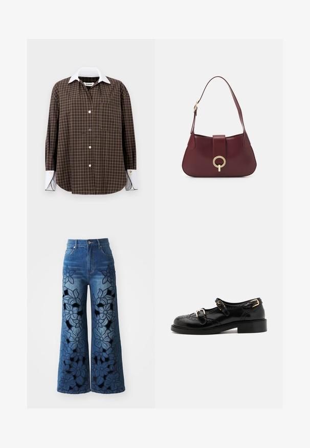 Pruun ja roheline ruuduline särk valge kraega, pikkade varrukatega, nööbiga esiosas ja ühe rinnataskuga; omaduseks on peen tekstuur ja ümar hem.; Denim laiad säärejale pükste tehas lilleline tikand ja lõikeavad jalgadel. Omab heledast tumedani sinist gradienti ja klassikalist viie tasku disaini.; Mustal nahast kingad brogue-tekstiiliga, millel on kaks pandla rihma, ümar varvas ja madal konts. Sujuv tekstuur ja läikiv viimistlus.; Burgundia nahast käekott kumerate joontega, kuldse ümmarguse metallosaga ja ühe õlavarre rihmaga. Sile tekstuur, minimalistlik disain.