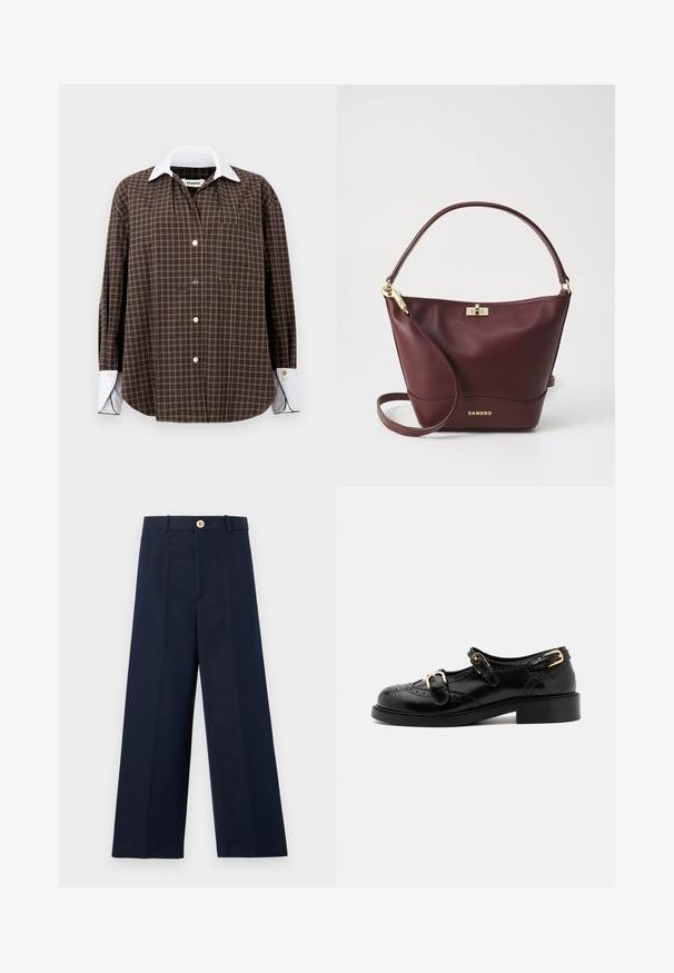 Rjavo-zeleno karirano srajco z belim ovratnikom, dolgimi rokavi, gumbom spredaj in enim žepom na prsih; ima subtilno teksturo in okrogel rob.; Mornarske široke hlače s ravnim krojem, lahkim materialom, zlatim gumbom v pasu in ostrimi sprednjimi gubami za strukturo.; Črne usnjene čevlje z brogu podrobnostmi, ki vključujejo dva zaponka, okroglo konico in nizko peto. Gladka tekstura z sijočim zaključkom.; Burgundska usnjena torbica z obliko strukture, ravnim dnom, zaobljenim ročajem in zlatim okovjem, ki vključuje zaponko in detajl z logotipom.