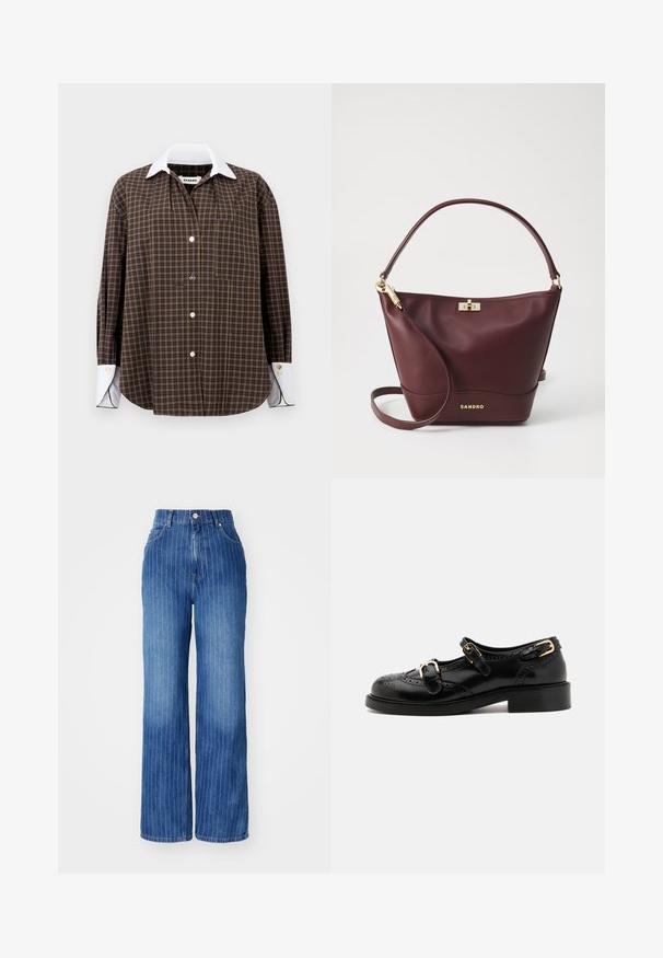 Camisa a cuadros marrón y verde con cuello blanco, mangas largas, cierre frontal de botones y un solo bolsillo en el pecho; presenta una sutil textura y dobladillo redondeado.; Vaqueros de mezclilla anchos de color azul con rayas blancas verticales, de cintura alta y diseño de cinco bolsillos, con cierre de botón y cremallera.; Zapatos de cuero negro con detalles de brogue, que presentan dos correas con hebillas, una puntera redondeada y un tacón bajo. Textura suave con un acabado brillante.; Bolso de cuero burdeos con forma estructurada, base plana, asa redondeada y herrajes dorados que incluyen un cierre y detalles del logotipo.