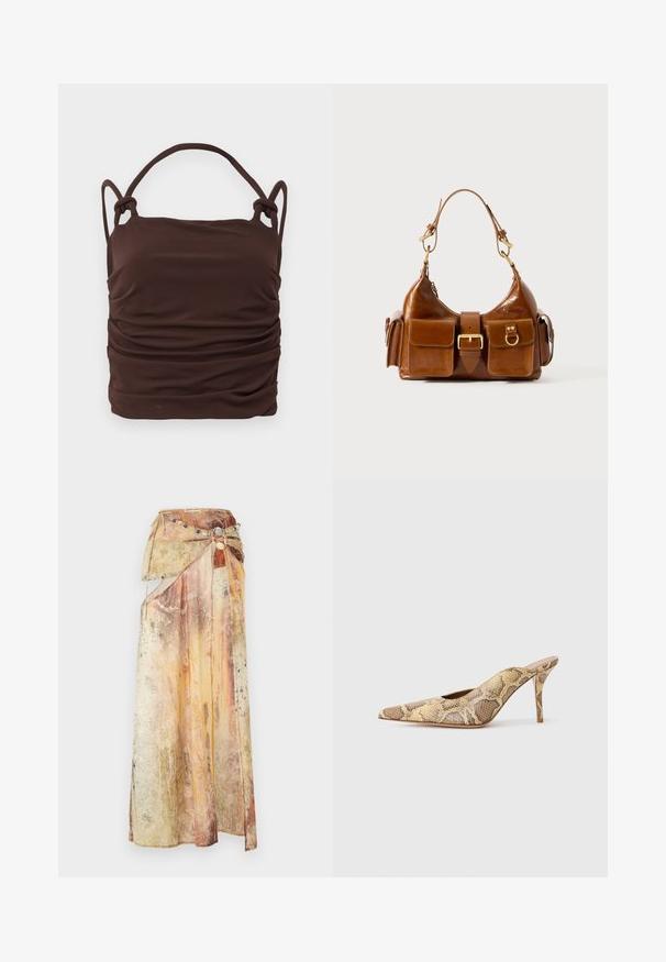 Rjav, nabrana tkanina zgoraj z nastavljivimi vozlanimi naramnicami, z gladko teksturo in pravokotno obliko. Brez vidne opreme ali vzorcev.; Dolga, drapirana krila iz večplastne, teksturirane tkanine v toplih odtenkih rumene, oranžne in rjave barve. Ima dekorativen nakitni pas.; Čevlji s peto in odprtim zadnjim delom z pointed-toe obliko v teksturiranem vzorcu kačjega usnja v bež in rjavih tonih; imajo stileto peto in izrezane stranice.; Rjava usnjena torbica s ukrivljeno obliko, dvojno zlato obarvano kovinsko okovje, dva sprednja žepa in širok pas. Gladka tekstura z elegIntnim videzom.