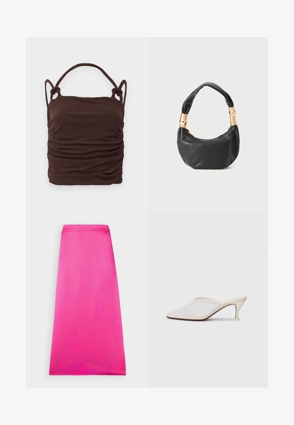 Top din material brun, plisat, cu bretele reglabile și legate, având o textură netedă și o formă rectangulară. Fără elemente metalice vizibile sau modele.; Fustă midi A-line în nuanță fucsia, realizată dintr-un material neted, având un talie înaltă și margini curate. Design ușor și fără cusături.; Mule alb cu plasă, cu vârf ascuțit, toc subțire de înălțime medie și design slip-on, pe un fundal simplu.; Geantă de mână din piele neagră, cu o formă rotundă, textură moale și un mâner legat, având accente din metal auriu. Închidere cu fermoar.