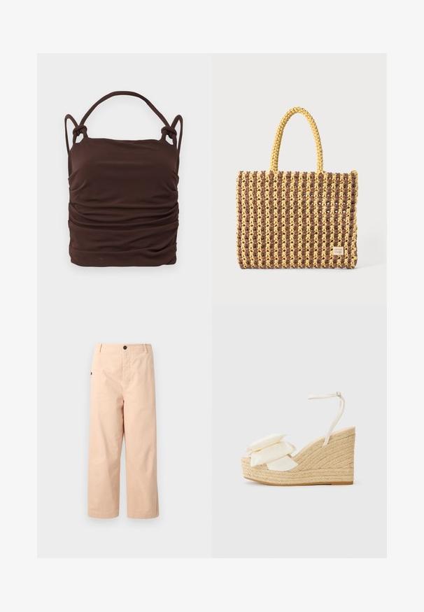 Hnedý riasený top z látky s nastaviteľnými uzlovými ramienkami, ktorý má hladkú textúru a obdĺžnikový tvar. Žiadne viditeľné kovania ani vzory.; Béžové bavlnené cropped nohavice so strihom do rovna, s jedným gombíkom v páse a bočnými vreckami. Hladká textúra bez vzorov.; Sandál na klinovom podpätku s prirodzenou jute platformou, krémovým textilným zvrškom a dvoma vrstvenými kvetinovými akcentmi; disponuje tenkým remienkom okolo členka s prackou.; Tkaná taška v hnedej a žltej farbe, s obdĺžnikovým tvarom, dvoma úchytmi a textúrovaným povrchom s viditeľným šitím a značkovou visačkou.