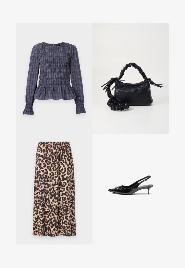 Blusa de manga larga a cuadros en azul y rojo con cuerpo fruncido y dobladillo y puños con volantes, sobre un fondo blanco.; Falda de estampado de leopardo en beige y negro, hecha de tejido ligero. Presenta una cintura elástica y un diseño fluido en A.; Tacones slingback de cuero negro con punta afilada, pequeño tacón kitten y un detalle de nudo decorativo en la parte frontal. Textura suave en toda la superficie.; Bolso de mano de imitación cuero negro con textura de cocodrilo, parte superior fruncida y correa arrugada. Presenta un diseño suave y compacto.
