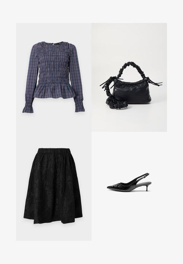 Sininen ja punainen ruudullinen pitkähihainen paita, jossa on smockattu yläosa ja röyhelöhelma sekä -hihansuut, esitetty valkoisella taustalla.; Mustat hameet, joissa on joustava vyötärö, jossa on tekstituroidut kukkakuviot. Kangas näyttää kevyeltä ja hieman rypistyneeltä.; Mustat nahkaiset slingback-korkokengät, joissa on terävä kärki, pieni kitten-korko ja koristeellinen solki edessä. Yksinkertainen pinta kauttaaltaan.; Must-have mustekahvi nahkalaukku krokotiiliaistalla, kiristetty yläosa ja rypistetty hihna. Näyttää pehmeältä ja kompaktilta muotoilultaan.