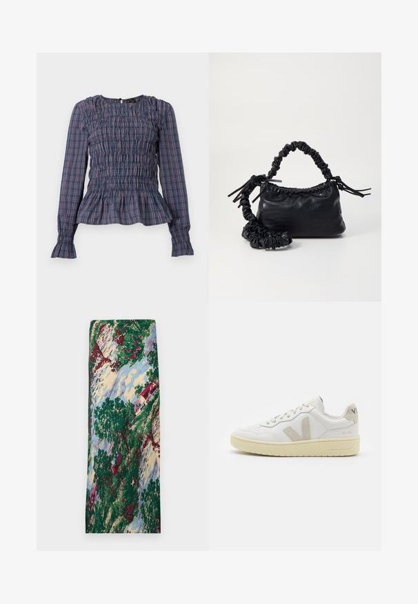 Langärmlige Bluse in blau-rotem Karomuster mit smockerndem Oberteil sowie Rüschensaum und -manschetten, auf einem weißen Hintergrund präsentiert.; Gemusterter Stoff mit einer Landschaftsszene, die grüne Bäume, rote Blumen, ein Haus mit rotem Dach und einen blauen Himmel zeigt. Glatte Textur.; Weiße Ledersneaker mit beigen Wildlederakzenten, perforierte Zehenbox, flache Schnürsenkel und eine strukturierte cremefarbene Sohle. Mit dezentem Branding an der Ferse.; Schwarze Handtasche aus Kunstleder mit Krokodilstruktur, gerafftem oberen Teil und einem geschoppten Tragegurt. Sie wirkt weich und kompakt im Design.