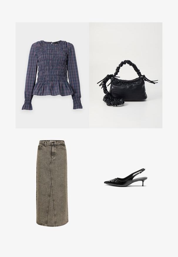 Bluză cu mânecă lungă în carouri albastre și roșii, cu torsadă în partea de sus și margine și manșete volanate, expusă pe un fundal alb.; Fustă maxi din denim de culoare negru închis, cu croială dreaptă, cusături vizibile și o fente în față. Dispune de un brâu standard și bucle pentru curea.; Cizme slingback din piele neagră, cu vârf ascuțit, toc mic de tip kitten heel și un detaliu decorativ sub formă de nod în față. Textură netedă pe întreaga suprafață.; Geantă din faux leather neagră cu textură de crocodil, cu partea superioară strânsă și o curea mototolită. Pare moale și compactă ca design.