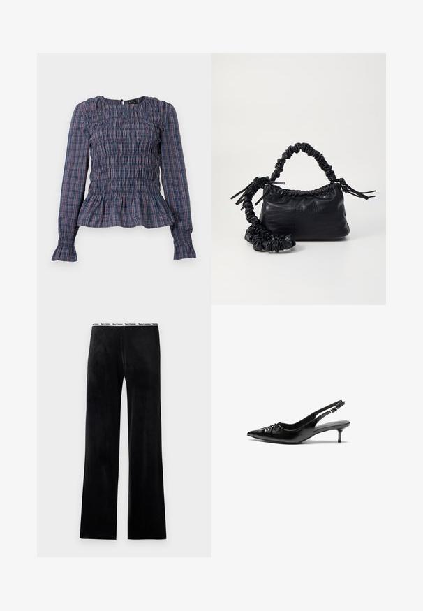 Bluza z dolgimi rokavi v modro-rdečem karirastem vzorcu, z nabrano bodyjo in volančki na robu ter manšetah, prikazana na belem ozadju.; Črne flis hlače s ravnim krojem, opremljene z belim elastičnim pasom z logotipom blagovne znamke. Mehka tekstura, brez dodatnih vzorcev.; Črne usnjene slingback pete z izostrenim nosom, majhno mačje peto in okrasno vozličasto podrobnostjo na sprednjem delu. Gladka tekstura po celotni površini.; Črna torbica iz umetnega usnja s krokodilovo teksturo, z zvitim vrhom in zmečkano naramico. Zdi se mehka in kompaktna v oblikovanju.