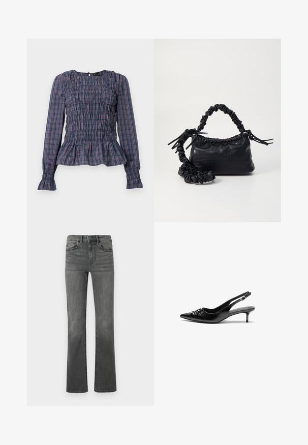 Blusa de mangas longas em padrão xadrez azul e vermelho, com corpete franzido e bainha e punhos com ruffles, exibida em fundo branco.; Calças flare em denim cinza escuro com cintura alta, cinco bolsos e fecho com um único botão. Textura suave com ligeiro desbotamento.; Sapatos de salto alto slingback em couro preto com bico fino, pequeno salto kitten e um detalhe decorativo em forma de nó na parte da frente. Textura suave em toda a parte.; Bolsa de mão em couro sintético preto com textura de crocodilo, topo franzido e alça enrugada. Apresenta um design suave e compacto.