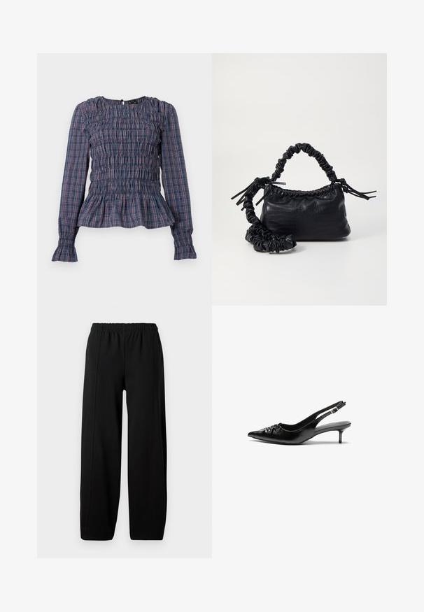 Sininen ja punainen ruudullinen pitkähihainen paita, jossa on smockattu yläosa ja röyhelöhelma sekä -hihansuut, esitetty valkoisella taustalla.; Mustat leveät housut, joissa on joustava vyötärö ja näkyvät pystysaumat jokaisessa jalassa valkoista taustaa vasten.; Mustat nahkaiset slingback-korkokengät, joissa on terävä kärki, pieni kitten-korko ja koristeellinen solki edessä. Yksinkertainen pinta kauttaaltaan.; Must-have mustekahvi nahkalaukku krokotiiliaistalla, kiristetty yläosa ja rypistetty hihna. Näyttää pehmeältä ja kompaktilta muotoilultaan.