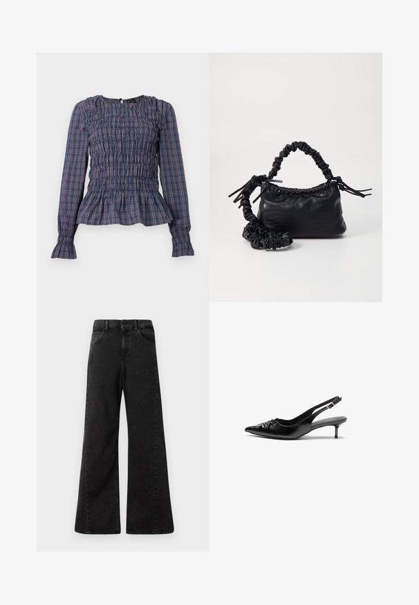 Blusa de mangas longas em padrão xadrez azul e vermelho, com corpete franzido e bainha e punhos com ruffles, exibida em fundo branco.; Jeans de ganga pretos de cintura alta, com um design de perna larga, apresentando bolsos frontais e um fecho de botão na cintura.; Sapatos de salto alto slingback em couro preto com bico fino, pequeno salto kitten e um detalhe decorativo em forma de nó na parte da frente. Textura suave em toda a parte.; Bolsa de mão em couro sintético preto com textura de crocodilo, topo franzido e alça enrugada. Apresenta um design suave e compacto.