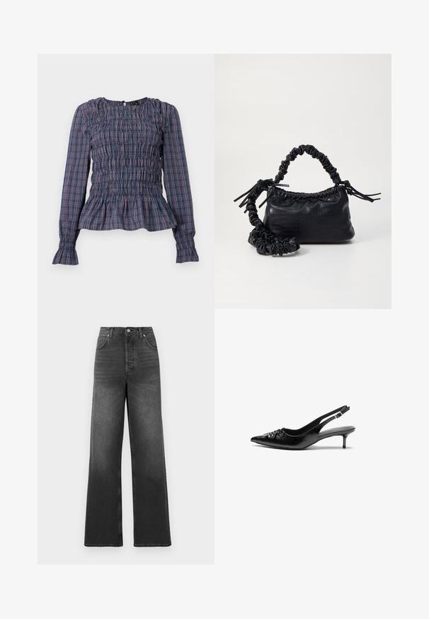 Blå og rød ternet langærmet bluse med smocket liv og flæset kant og manchetter, præsenteret på en hvid baggrund.; Højtaljede, vide jeans lavet af mørkegrå denim. Har en klassisk fem-lomme design og stitched kantdetaljer.; Sorte læderslippers med spidse tæer, lille kitten hæl og en dekorativ knude detalje foran. Glat tekstur hele vejen rundt.; Sort kunstlæder håndtaske med krokodilteksur, indsnøret top og en sammenkrøben rem. Ser blød og kompakt ud i designet.